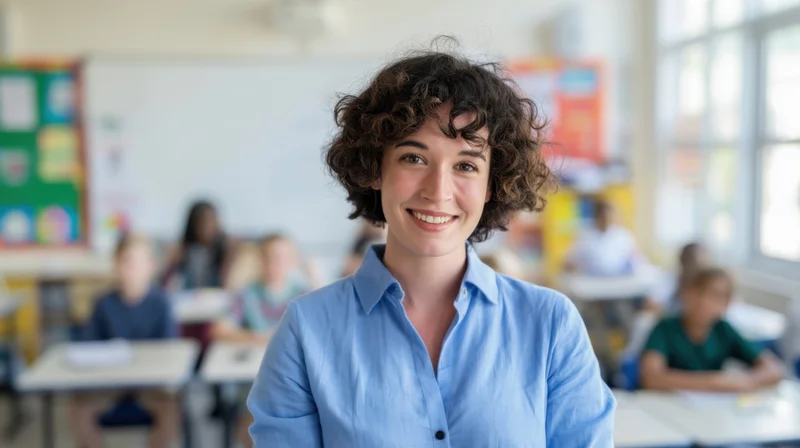 Smiling female teacher in a classroom with students at desks behind her