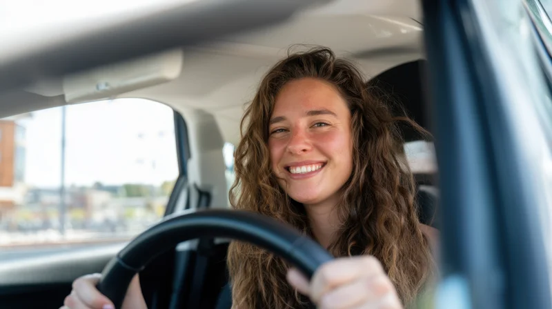 Smiling woman driving a car with hands on steering wheel inside vehicle interior