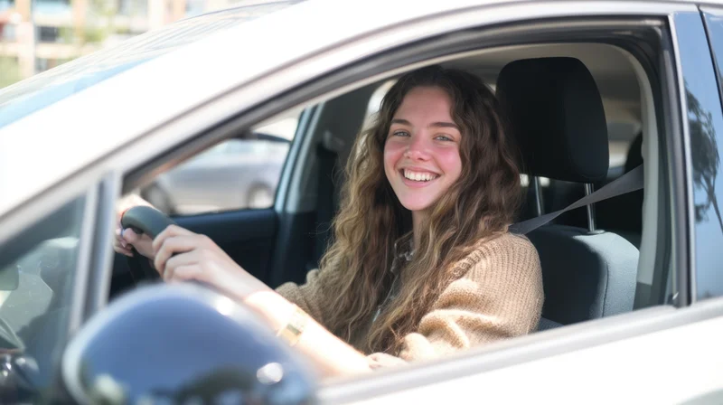 Young woman smiling while driving a car in an urban setting