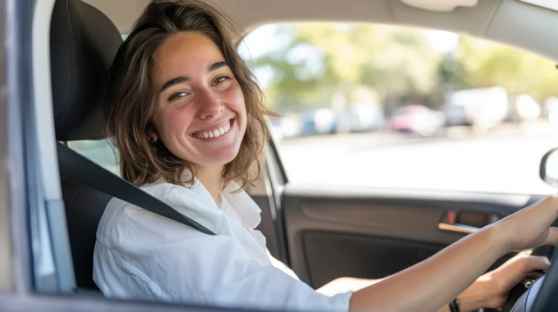 Smiling woman driving a car with hands on steering wheel inside vehicle interior