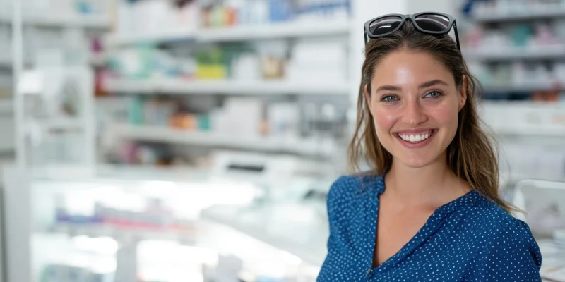 Smiling woman in blue polka dot blouse with sunglasses on head standing in pharmacy with shelves of medication behind her