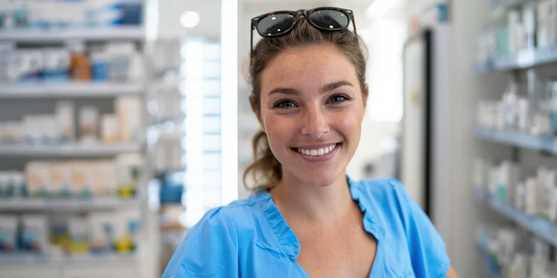 Smiling woman in blue uniform standing in pharmacy with shelves of medication behind her