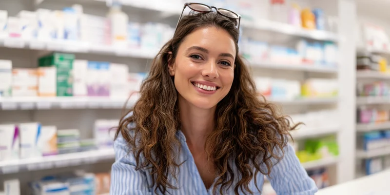Smiling woman pharmacist in blue striped shirt at pharmacy counter