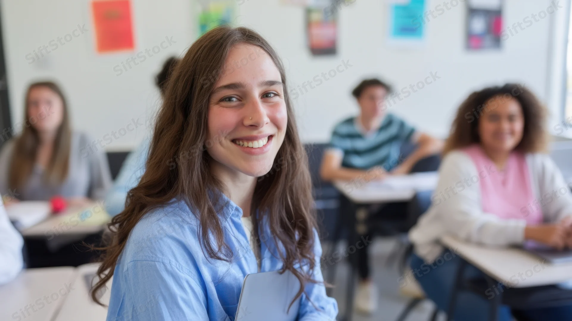 Smiling young woman in blue shirt holding laptop in classroom with peers at desks