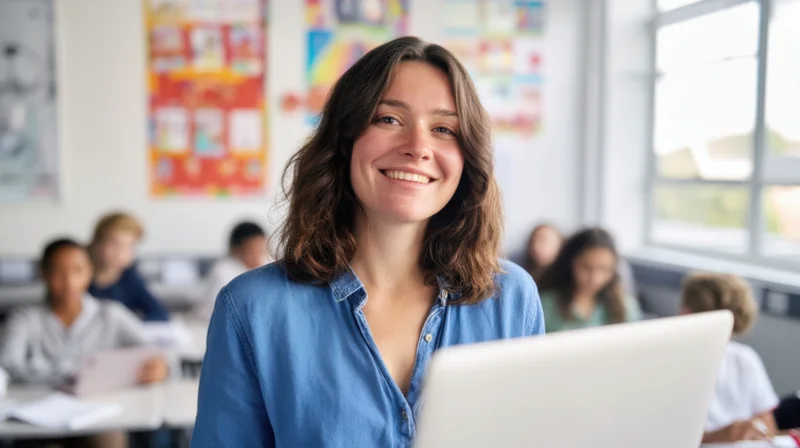 Smiling woman teacher using laptop in classroom with students at desks