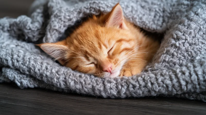 Orange tabby kitten sleeping under a gray knitted blanket on a wooden floor