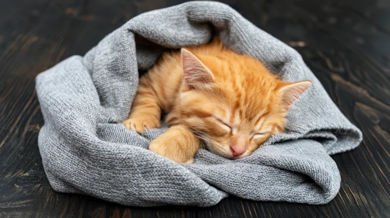 Orange tabby kitten sleeping wrapped in a gray knitted blanket on a dark wooden floor