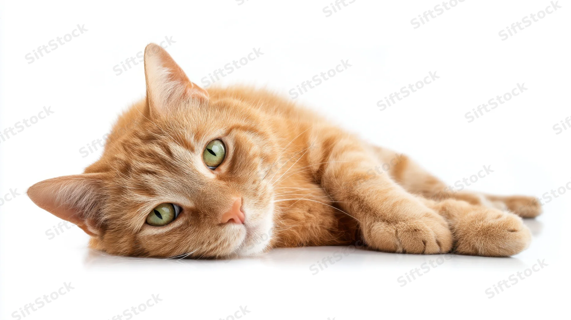 Orange tabby cat lying on white background, looking at camera with green eyes