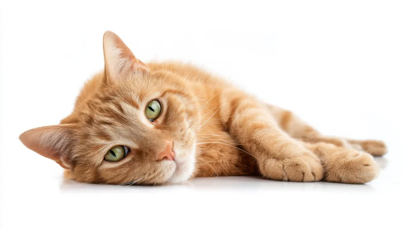 Orange tabby cat lying on white background, looking at camera with green eyes
