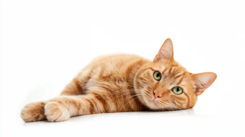 Orange tabby cat lying on white background, looking at camera with green eyes