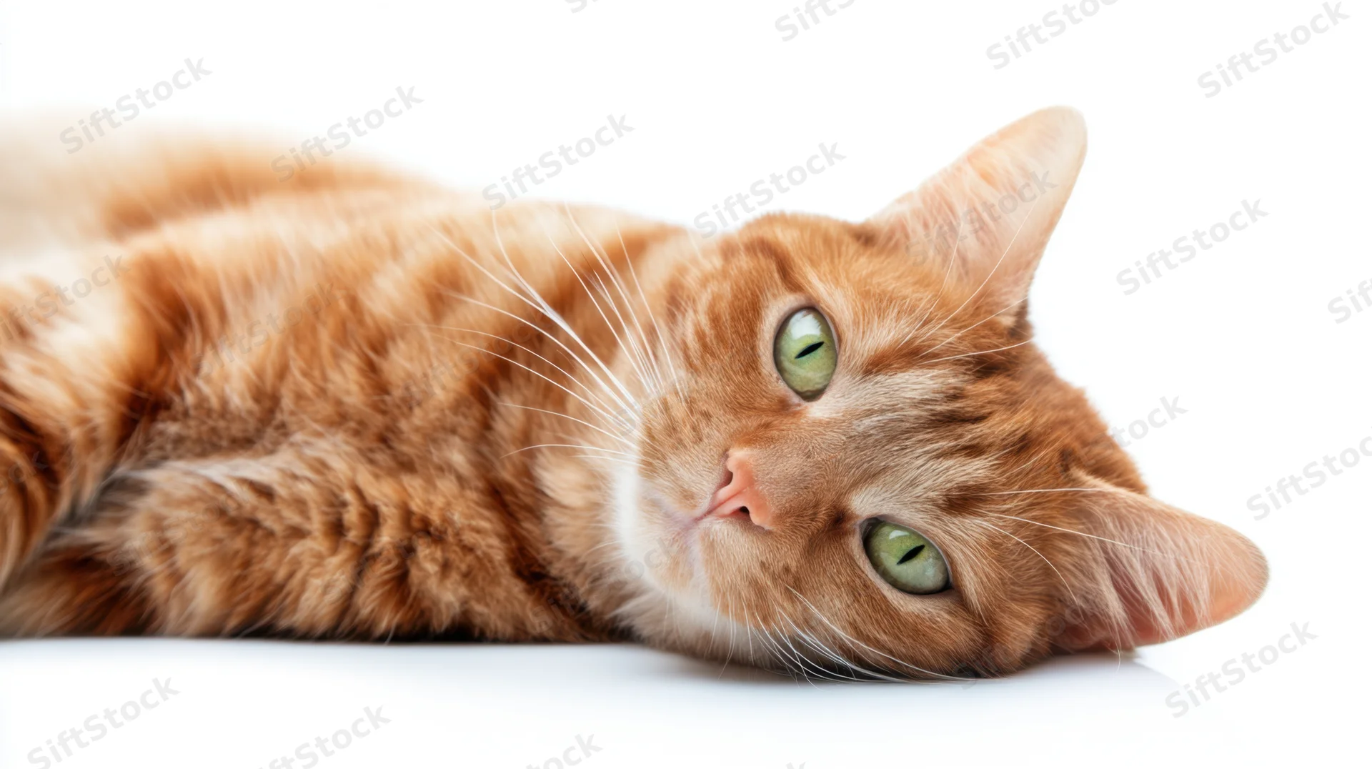 Orange tabby cat lying on white background with green eyes looking up