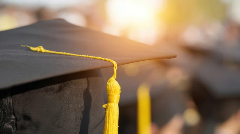 Close up of a black graduation cap with a yellow tassel during a ceremony