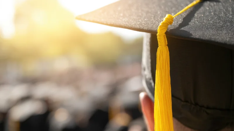 Close up of a black graduation cap with yellow tassel against a blurred outdoor ceremony background