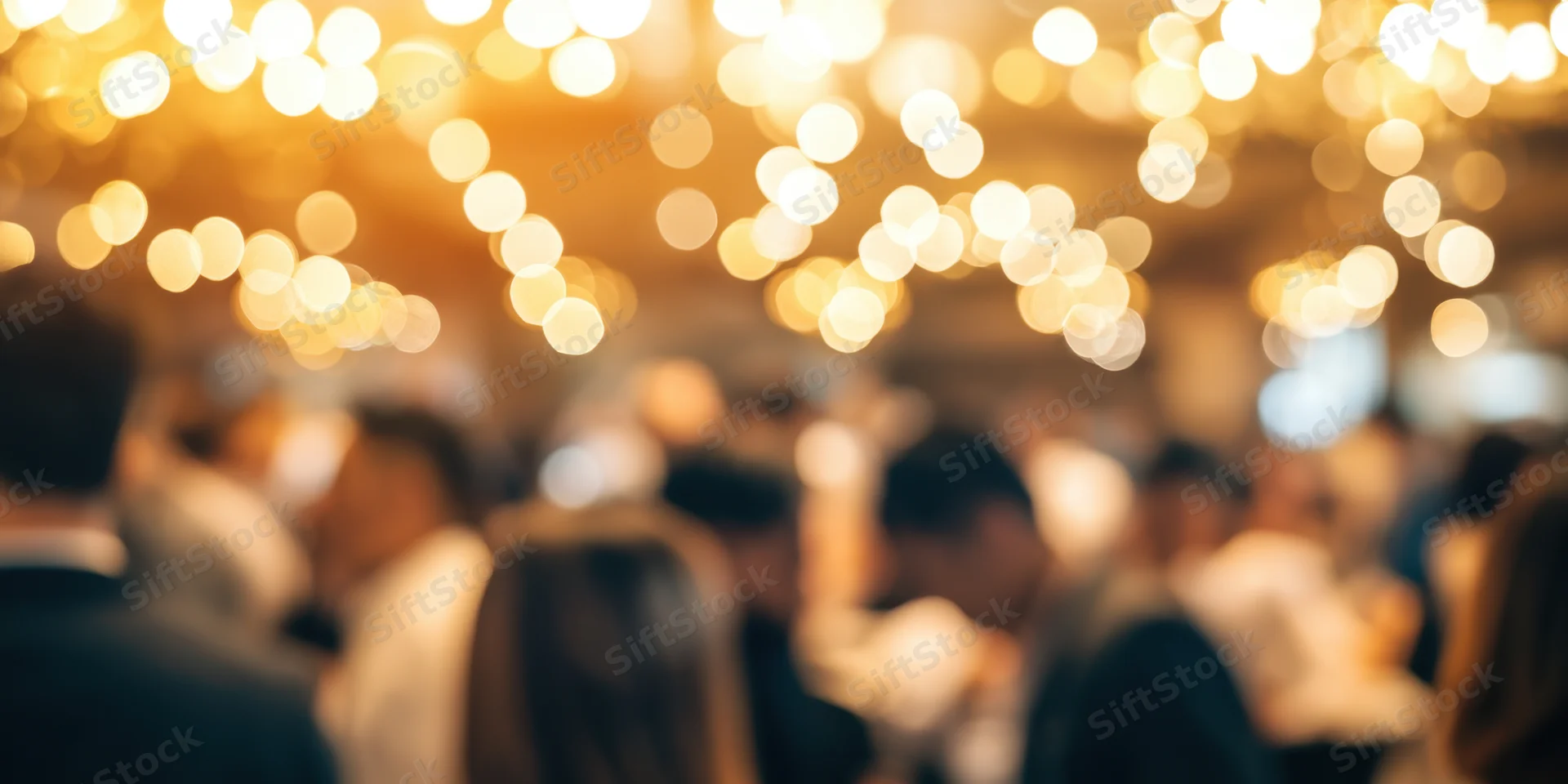 Blurred crowd at an indoor reception under warm string lights