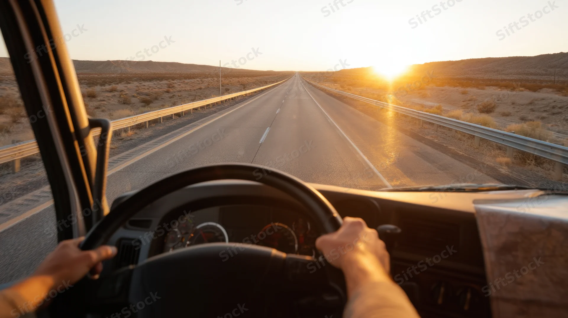Driver's hands on steering wheel on desert highway at sunset