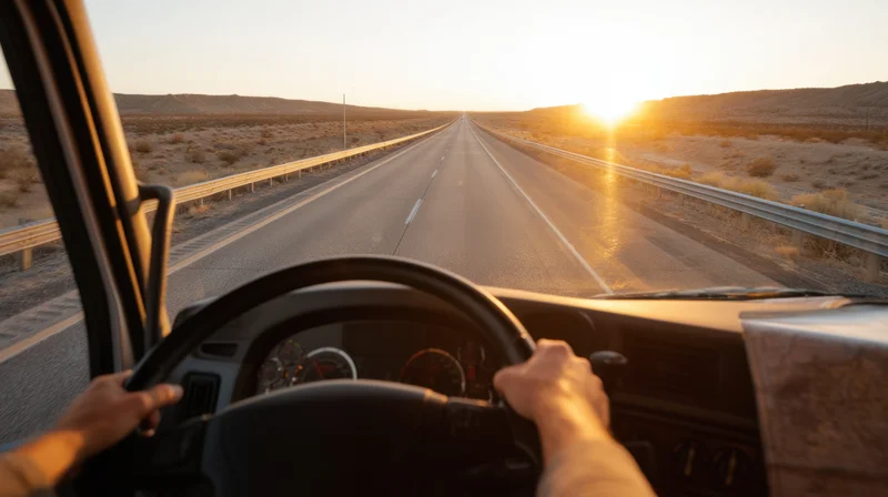 Driver's hands on steering wheel on desert highway at sunset