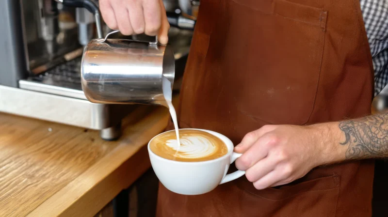 Barista pouring steamed milk into a latte cup to create latte art at a coffee shop counter