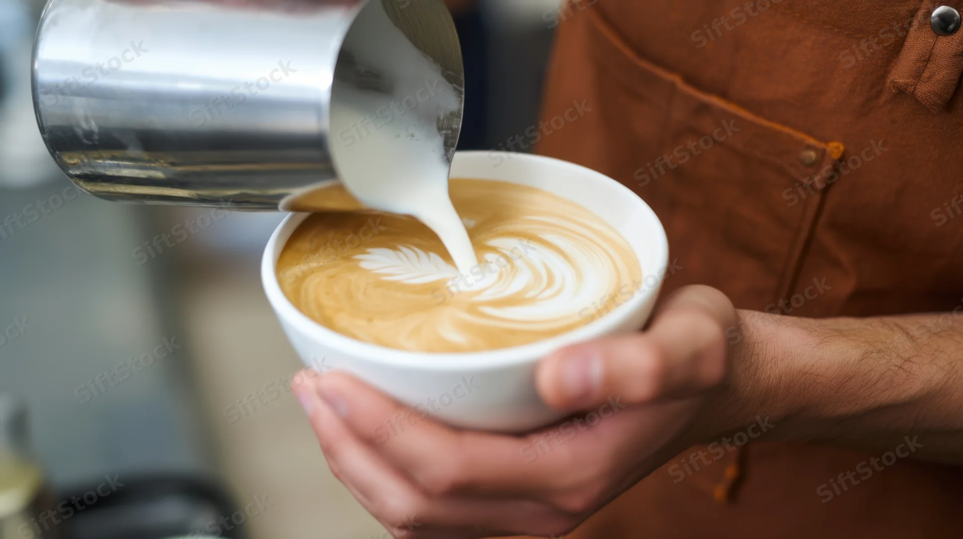 Barista pouring milk into a latte to create latte art in a coffee shop