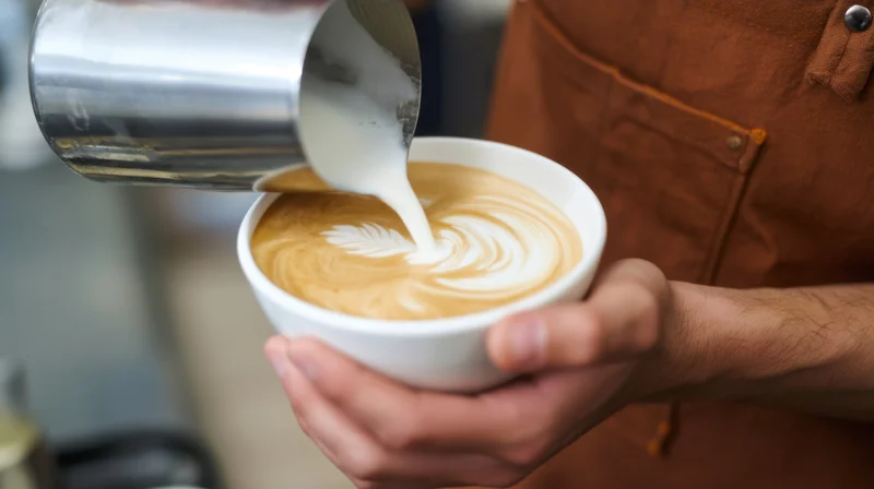 Barista pouring milk into a latte to create latte art in a coffee shop
