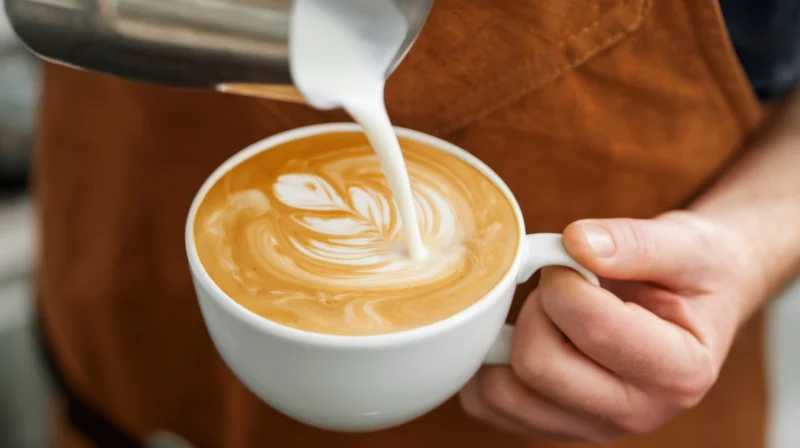 Barista pouring steamed milk into a latte to create leaf-shaped foam art in a white ceramic cup