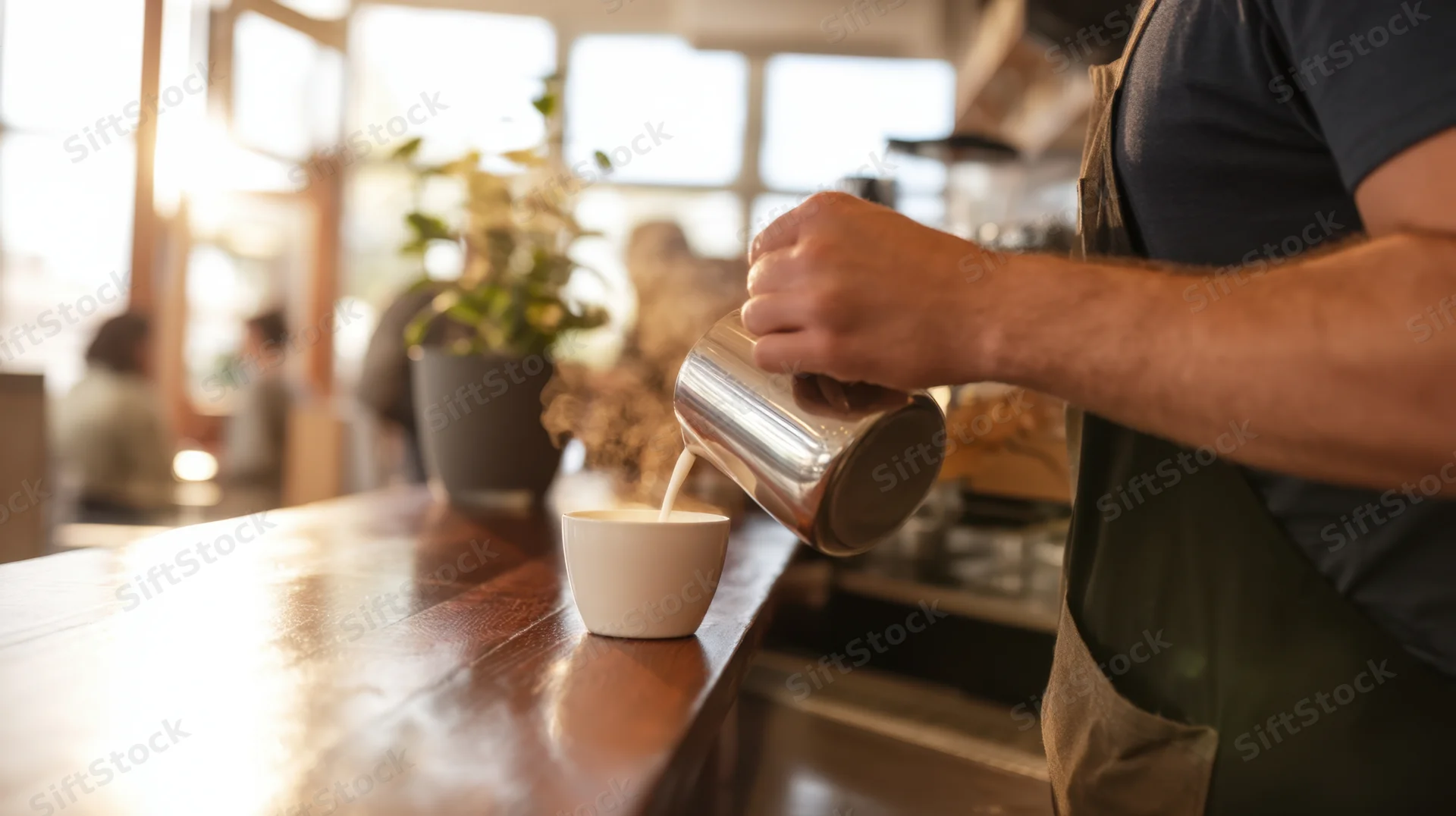 Barista pouring steamed milk into a white cup on a wooden counter in a cafe