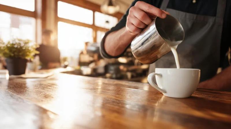 Barista pouring milk into a white cup on a wooden counter in a cafe