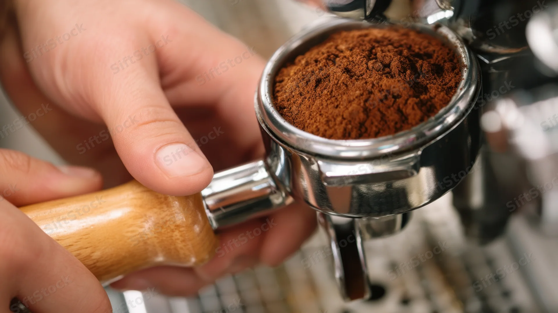 Barista holding portafilter filled with freshly ground coffee beans during espresso preparation in a cafe