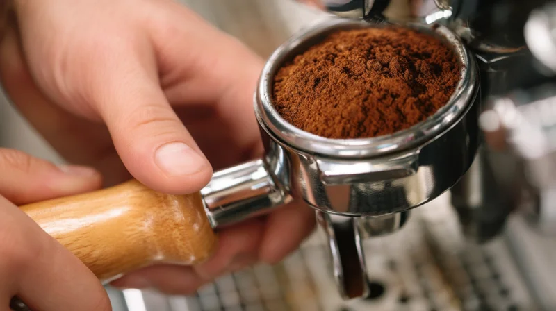 Barista holding portafilter filled with freshly ground coffee beans during espresso preparation in a cafe