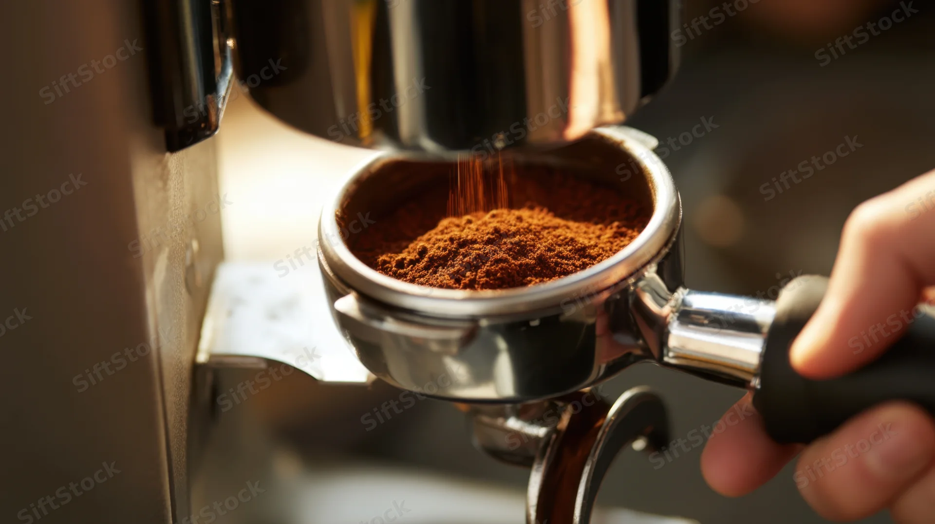 Barista grinding coffee beans into a portafilter for espresso brewing