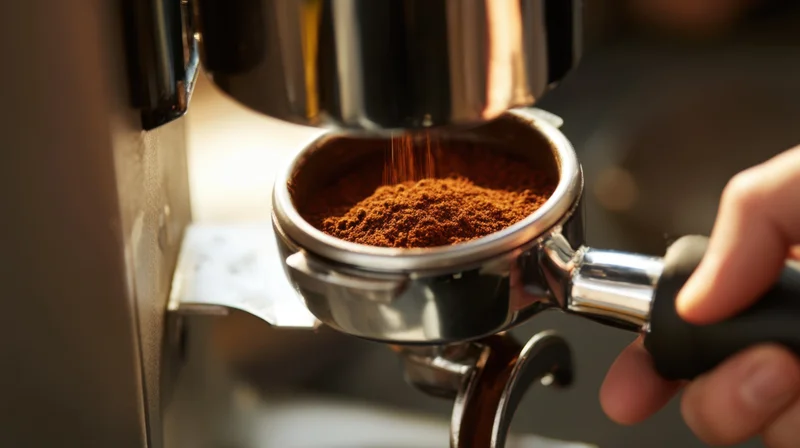 Barista grinding coffee beans into a portafilter for espresso brewing
