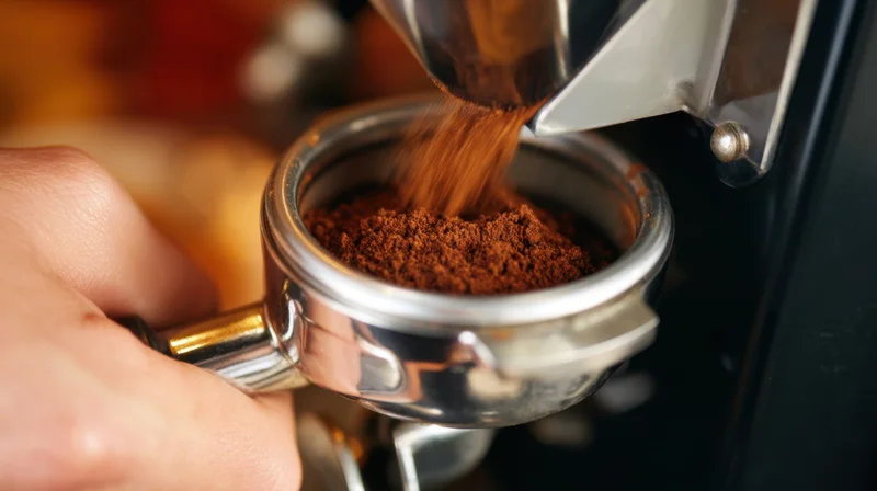 Barista's hand holding portafilter as coffee grounds pour from grinder into it