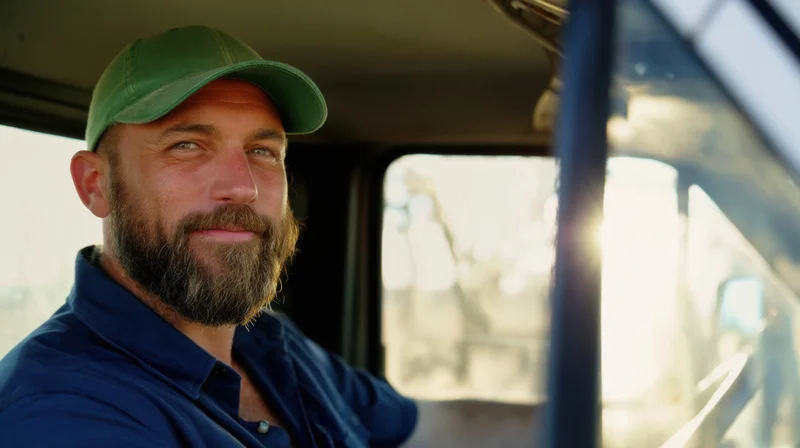 Bearded man smiling inside truck cab during daytime