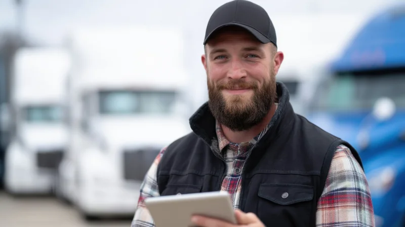 Bearded man smiling while holding tablet in front of parked trucks