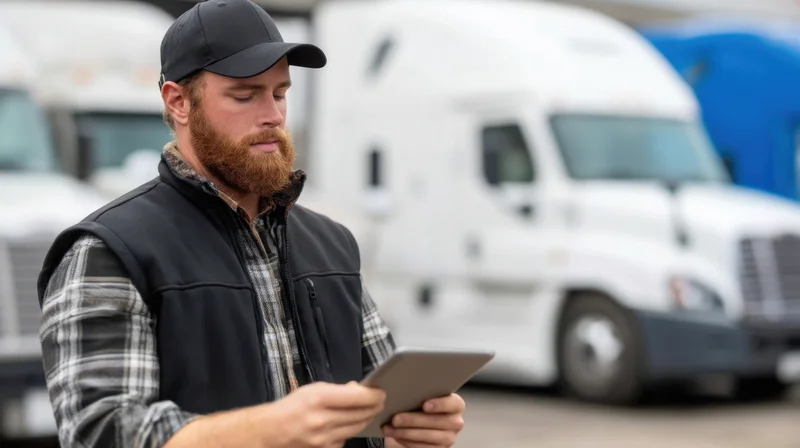 Bearded man in cap and vest using tablet in front of semi trucks at truck stop