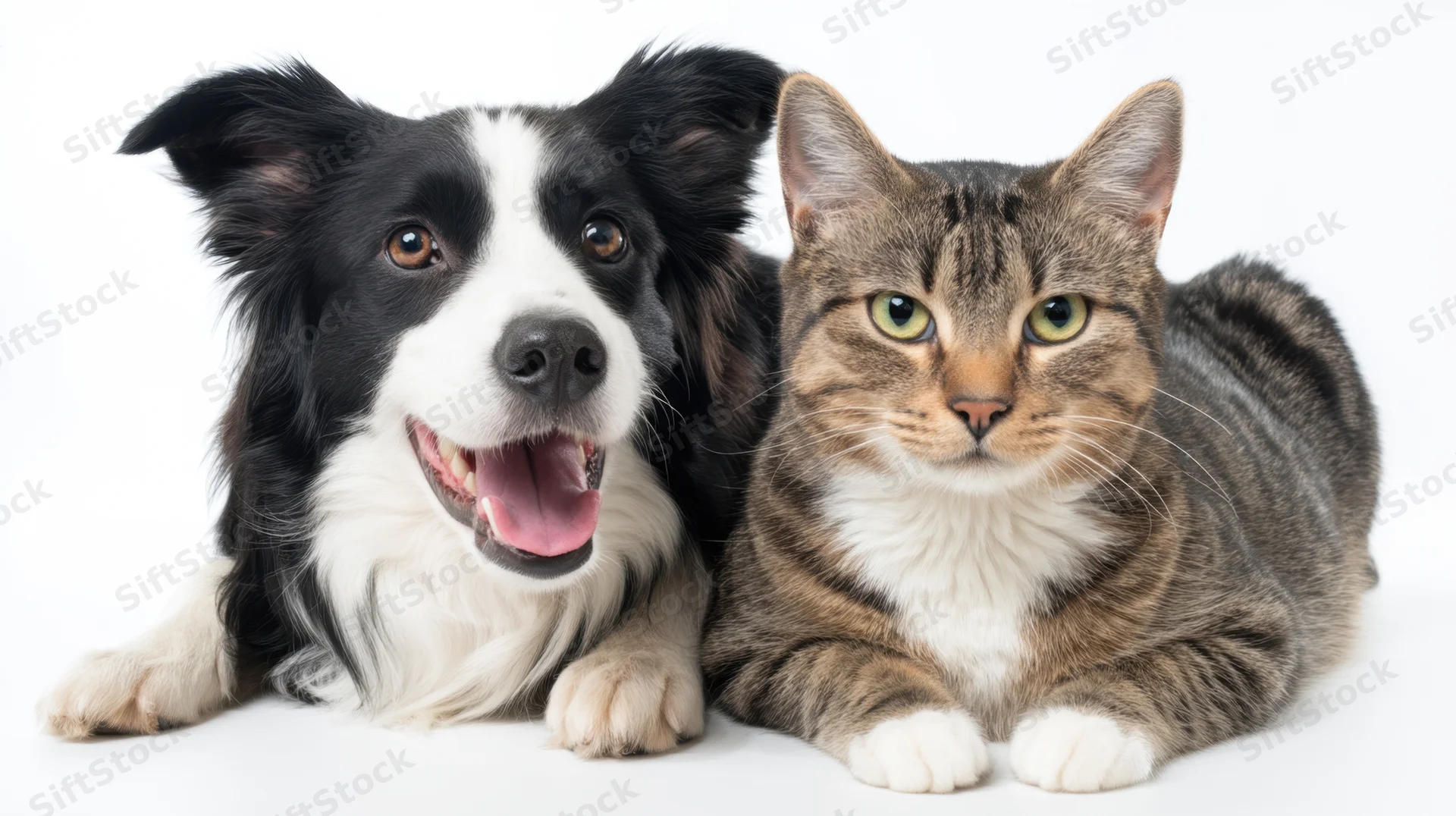 Black-and-white border collie and tabby cat lying side by side on white background
