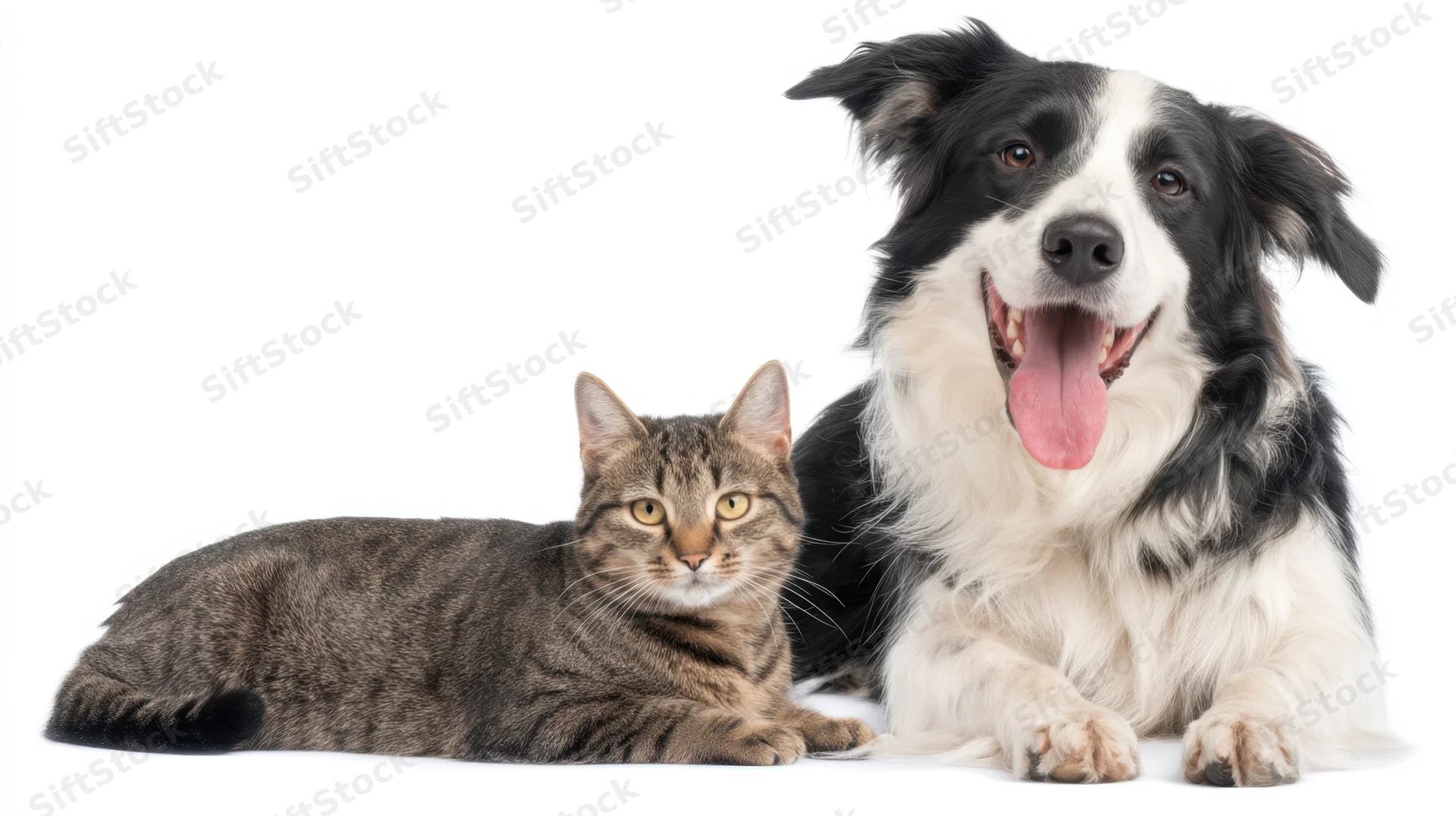 Black-and-white border collie and tabby cat lying together on white background