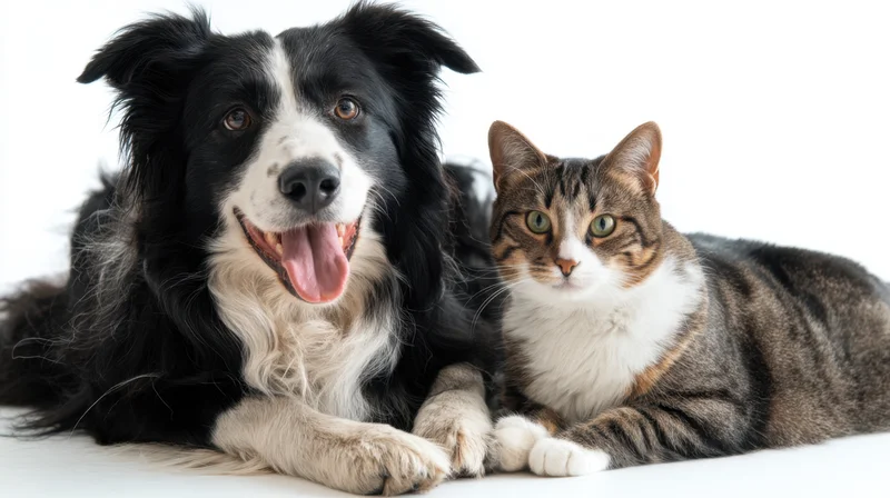 Black-and-white border collie and tabby cat lying together on white background