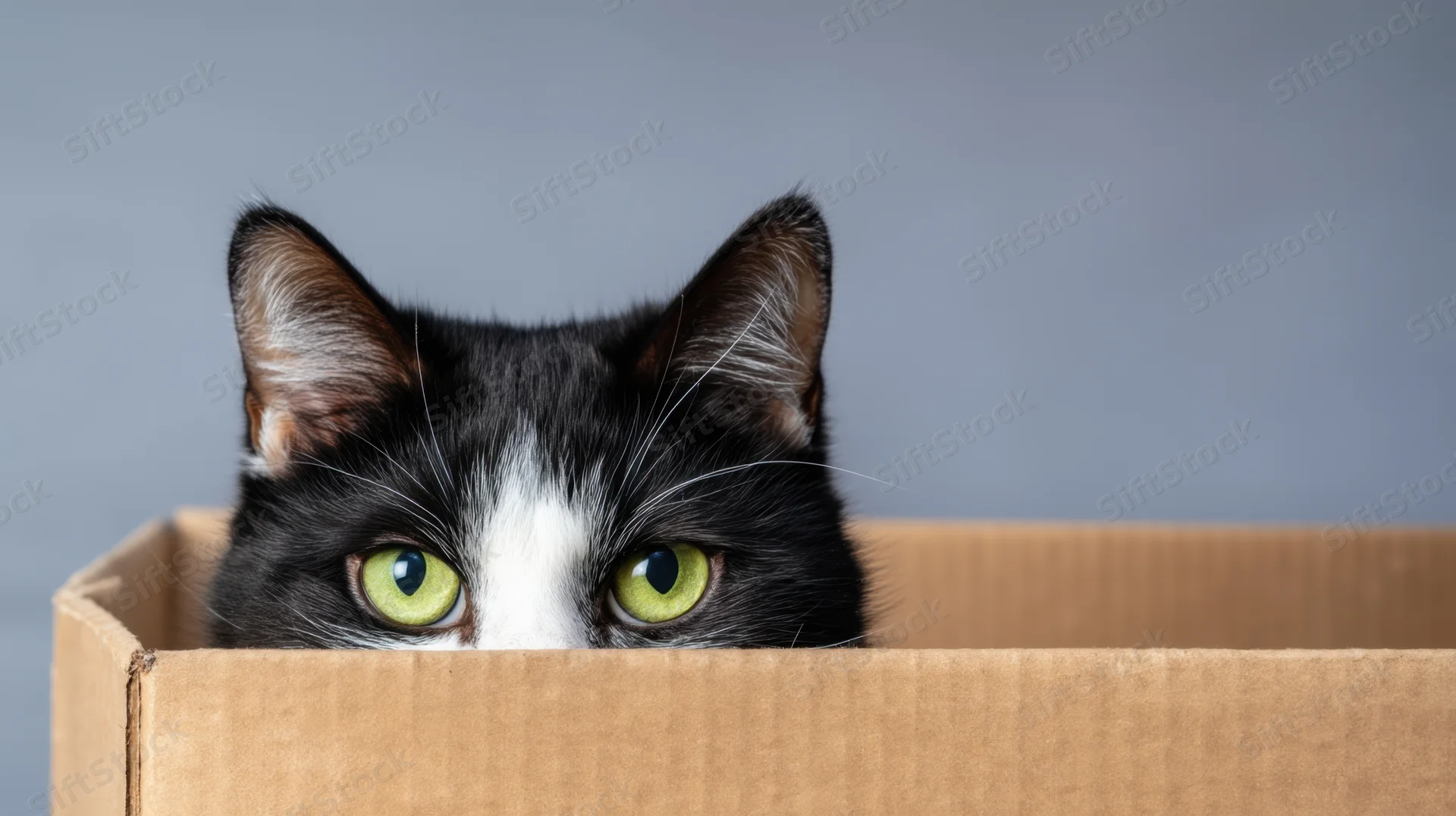 Black and white cat peeking from cardboard box with green eyes, studio shot against gray background