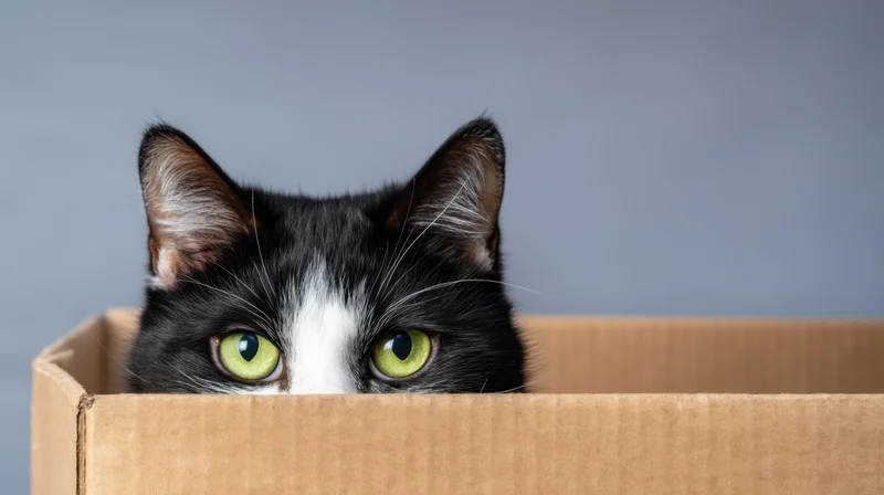 Black and white cat peeking from cardboard box with green eyes, studio shot against gray background