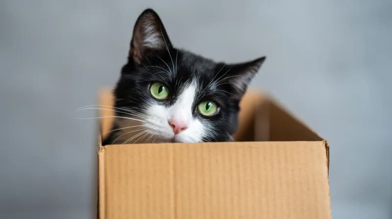 Black and white cat peeking from cardboard box indoors