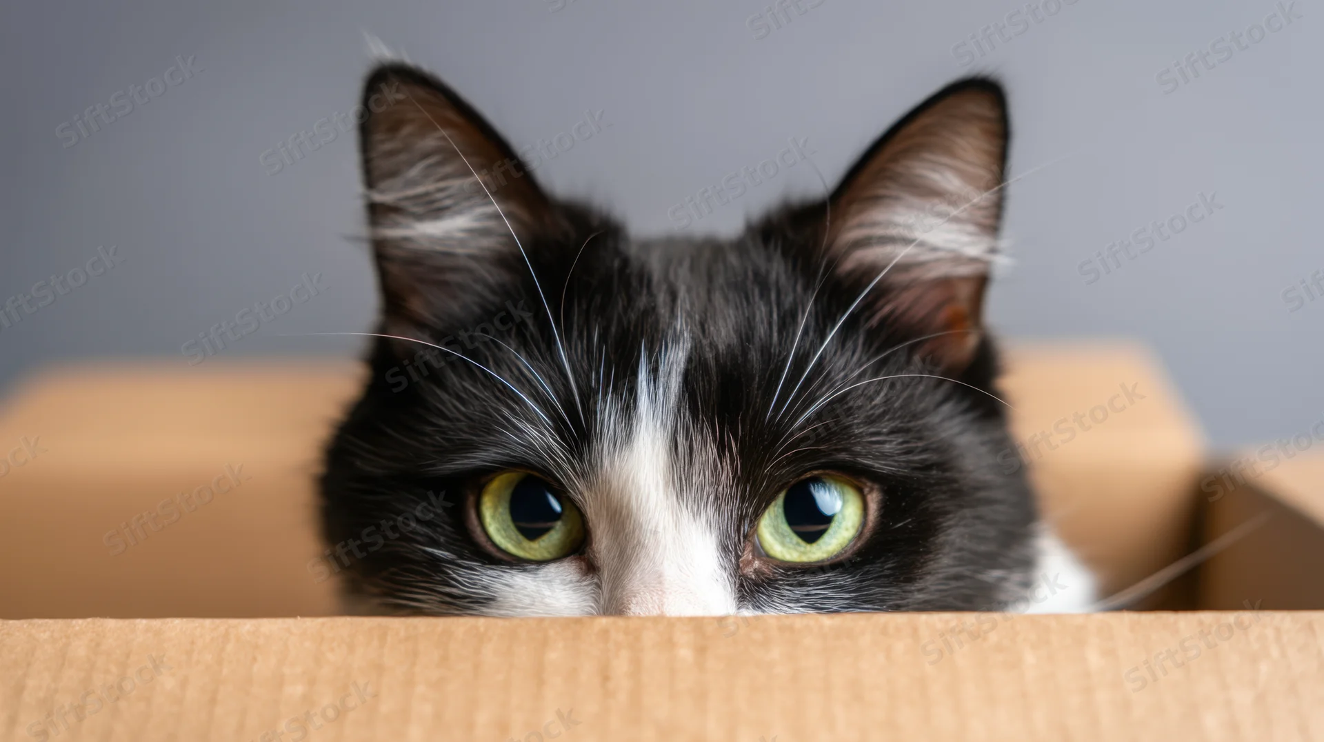 Black and white cat peeking over edge of cardboard box indoors