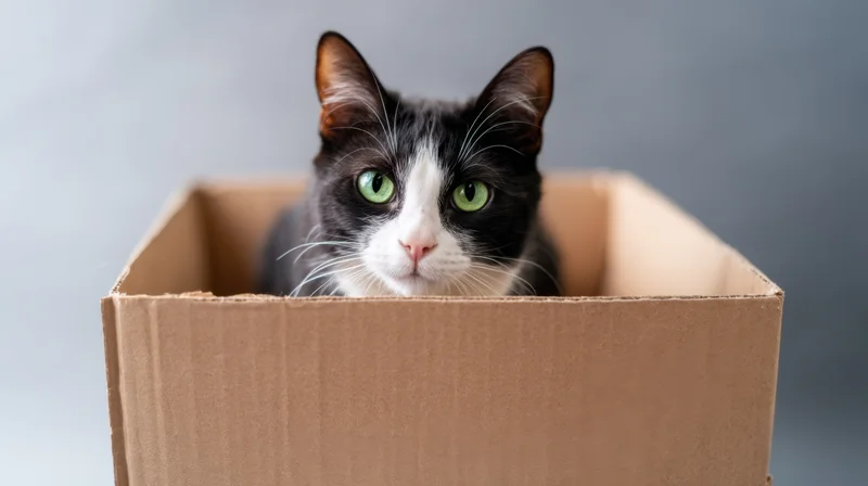 Black and white cat with green eyes peeking from inside a cardboard box against a neutral background