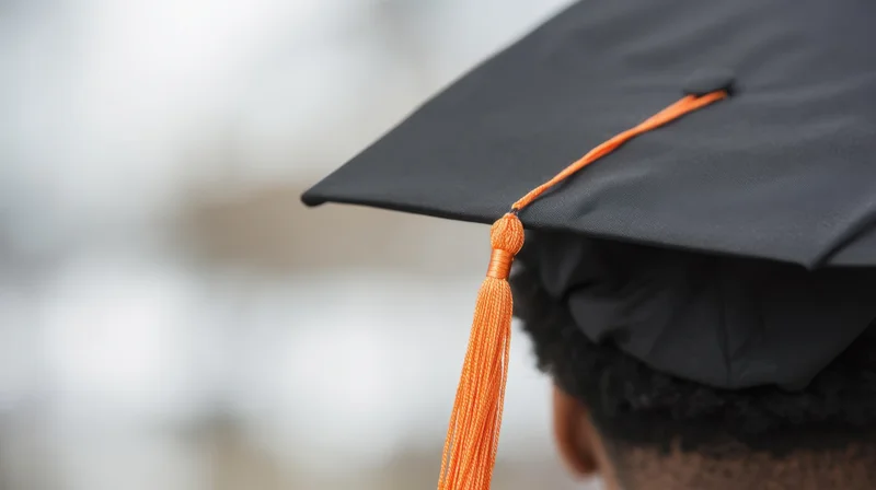Closeup of a black graduation cap with orange tassel on a young man's head