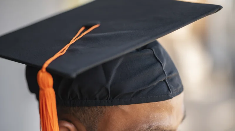 Closeup of a young africanamerican male wearing a black graduation cap with orange tassel in profile view