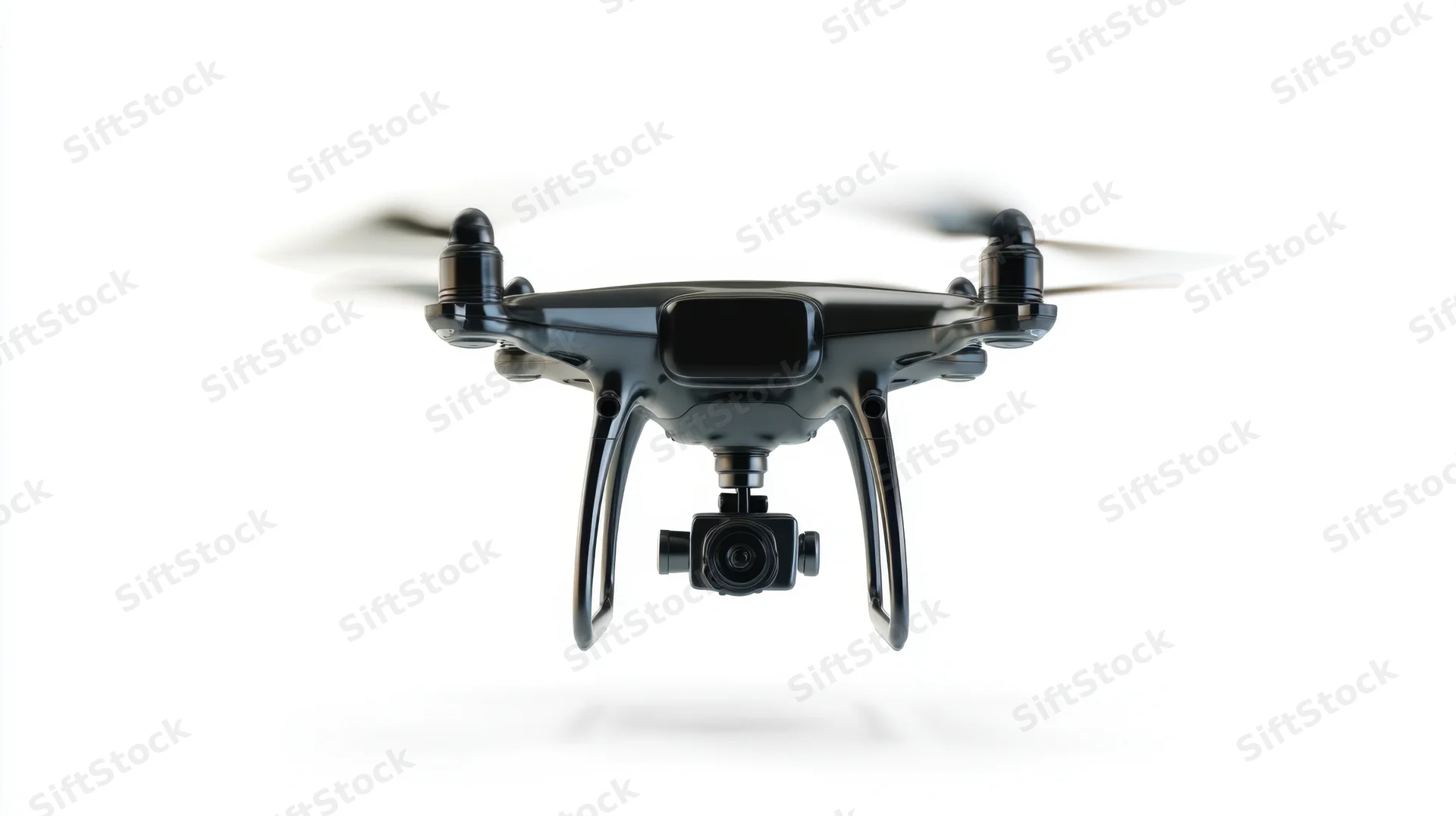 Black quadcopter drone hovering with camera gimbal against white background