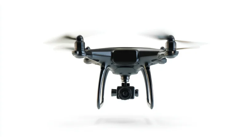 Black quadcopter drone hovering with camera gimbal against white background