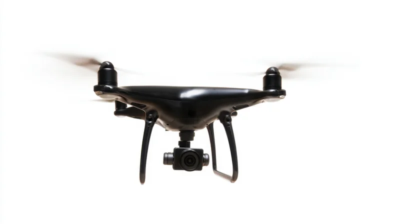 Black quadcopter drone hovering with camera attached, isolated on white background