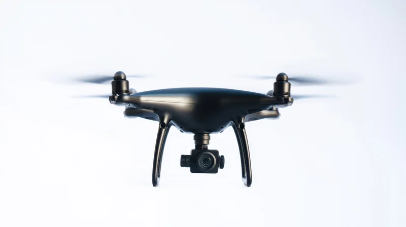 Black quadcopter drone hovering with camera attached, isolated on white background