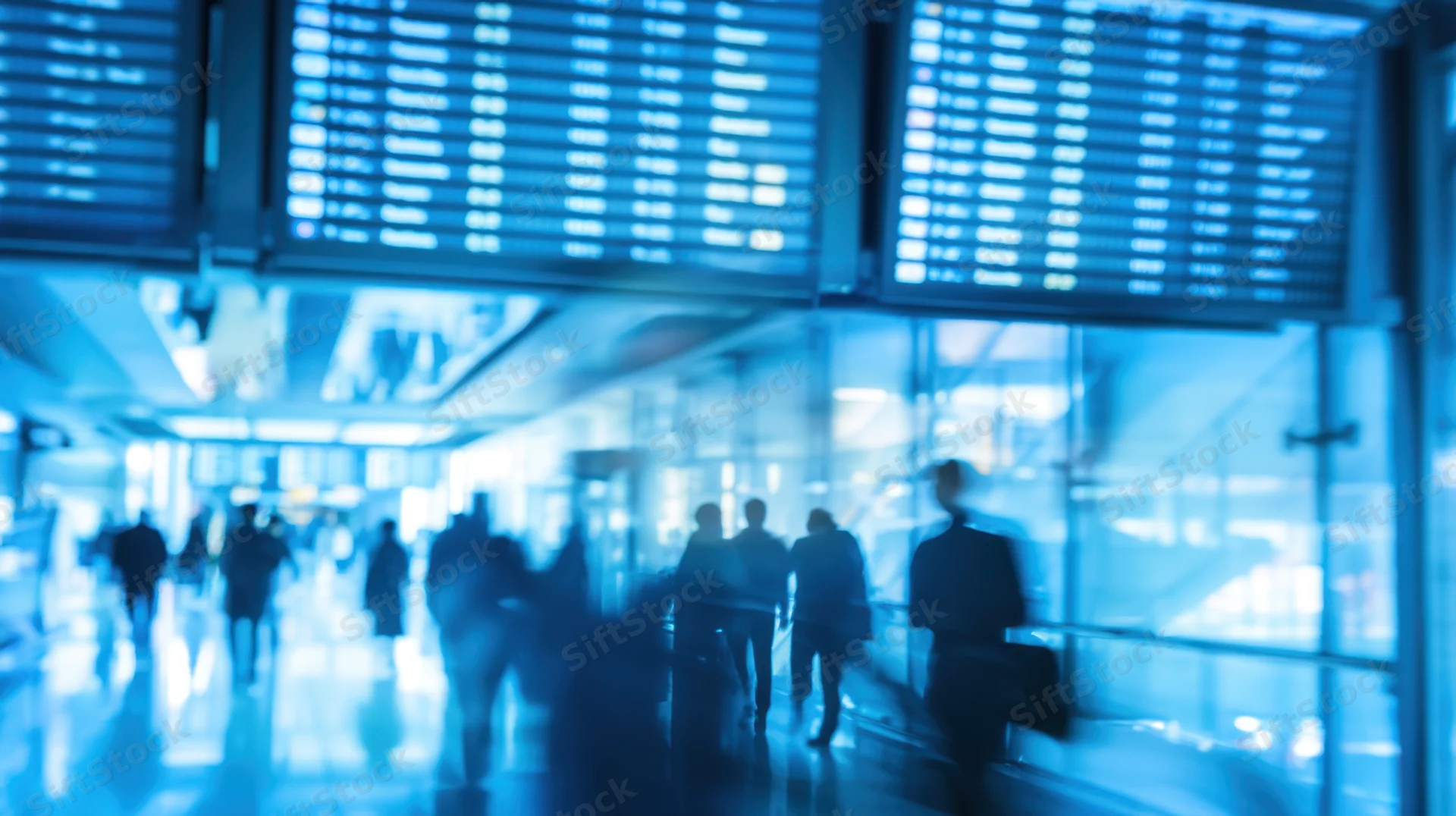 Silhouetted travelers moving through a blue-lit airport terminal with digital flight displays above