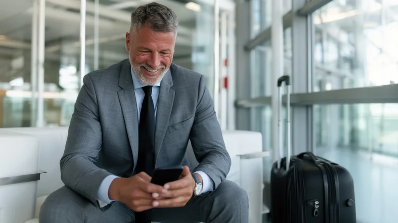 Businessman smiling while using smartphone in airport terminal with luggage beside him